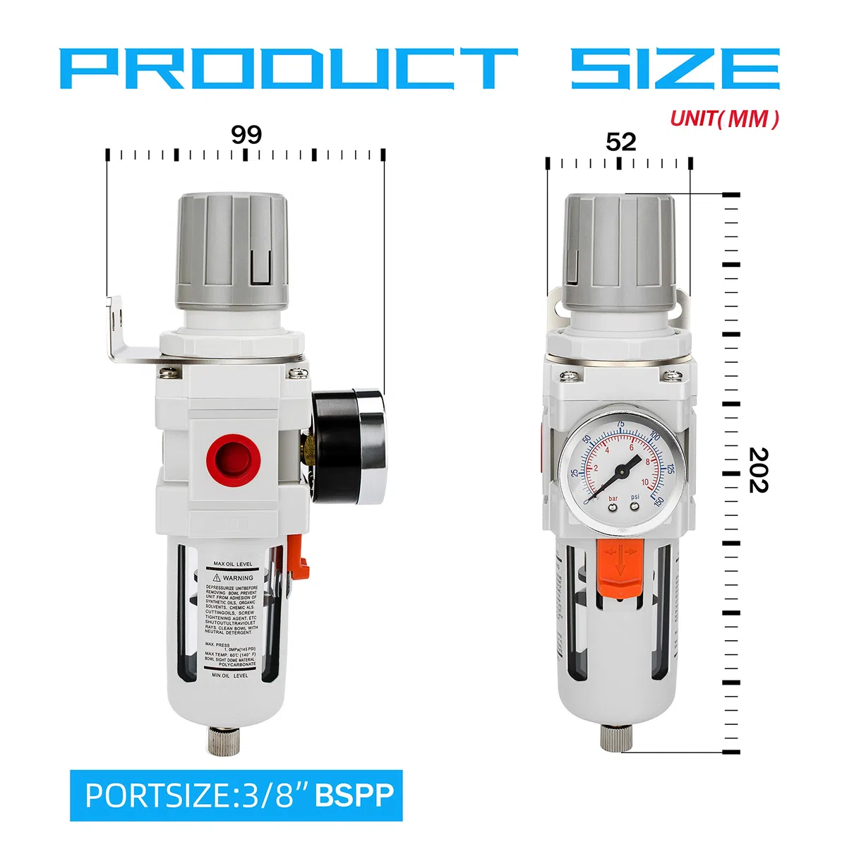 NANPU 3/8" BSPP Aria Compressa Filtro Regolatore, Separatore Trappola Acqua - Manometro (0-10 bar), Tazza in Polietilene, Scarico Semiautomatico, Staffa Metallica