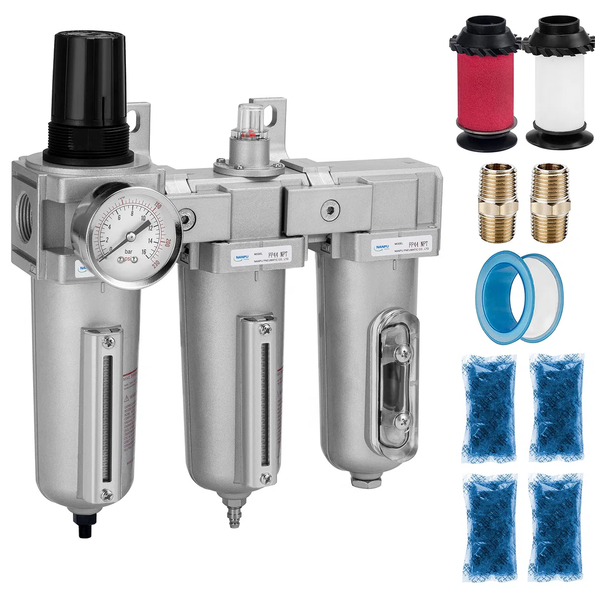 NANPU Sistema di Asciugatura dell'Aria Industriale a 3 Stadi 1/2" BSP - Filtro Particolato, Filtro Coalescente, Essiccatore a Essiccante e Regolatore dell'Aria, Ciotola in Metallo, Scarico Automatico