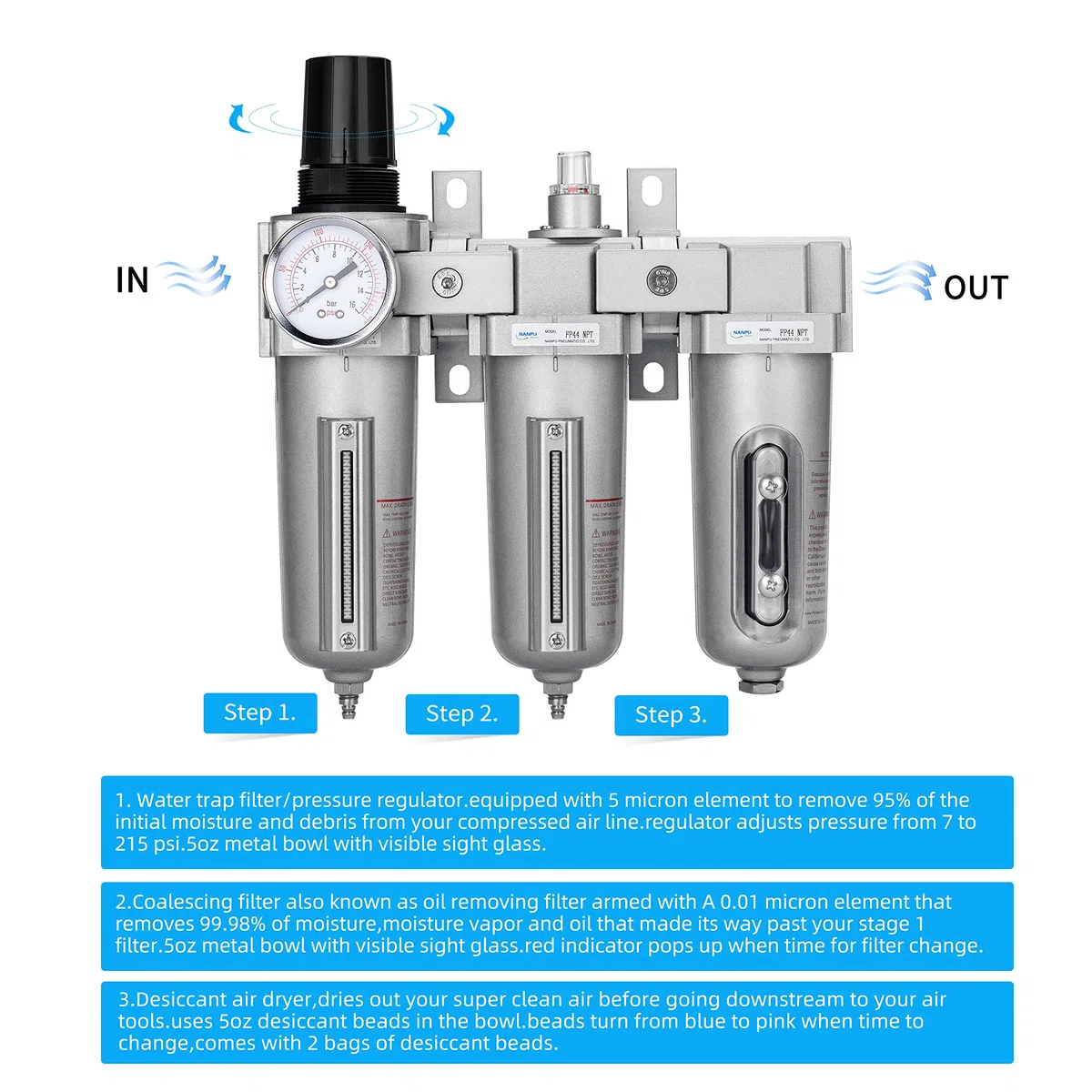 NANPU Sistema di Asciugatura dell'Aria Industriale a 3 Stadi 1/2" BSP - Filtro Particolato, Filtro Coalescente, Essiccatore a Essiccante e Regolatore dell'Aria, Ciotola in Metallo, Scarico Automatico