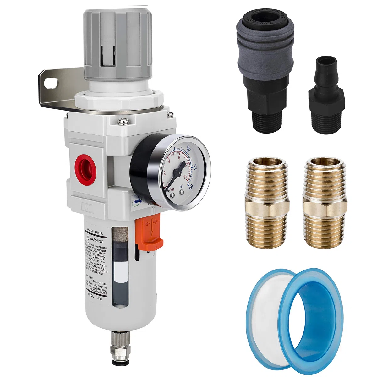NANPU 3/8" BSPP Aria Compressa Filtro Regolatore, Separatore Trappola Acqua - Manometro (0-10 bar), Tazza in Polietilene, Scarico Semiautomatico, Staffa Metallica