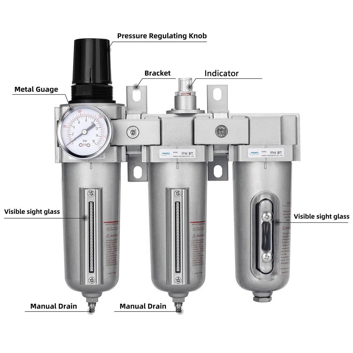 NANPU Sistema di Asciugatura dell'Aria Industriale a 3 Stadi 1/2" BSP - Filtro Particolato, Filtro Coalescente, Essiccatore a Essiccante e Regolatore dell'Aria, Ciotola in Metallo, Scarico Automatico