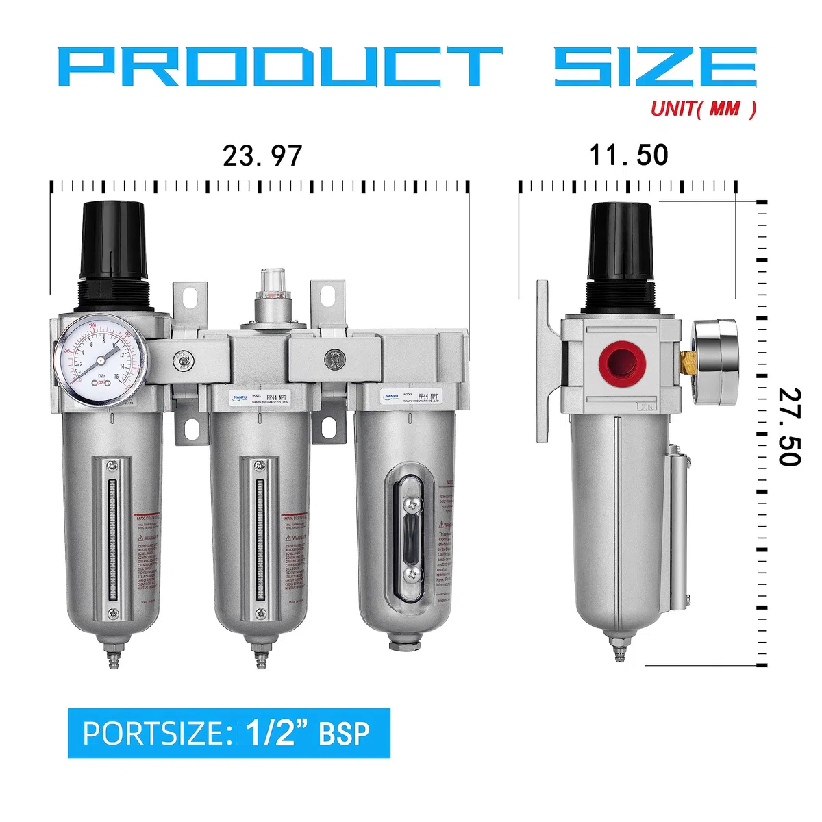 NANPU Sistema di Asciugatura dell'Aria Industriale a 3 Stadi 1/2" BSP - Filtro Particolato, Filtro Coalescente, Essiccatore a Essiccante e Regolatore dell'Aria, Ciotola in Metallo, Scarico Automatico