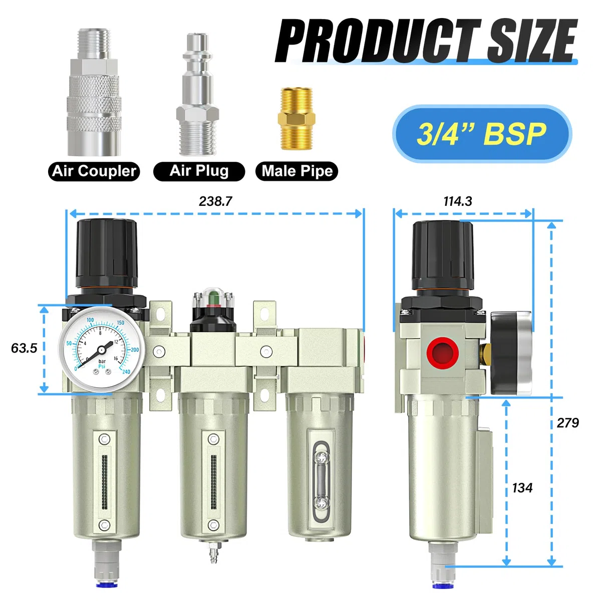 MEANLIN MEASURE 3/4"BSP Grado industriale per impieghi gravosi Sistema di essiccazione dell'aria a 3 stadi,essiccatore e regolatore d'aria,scarico automatico